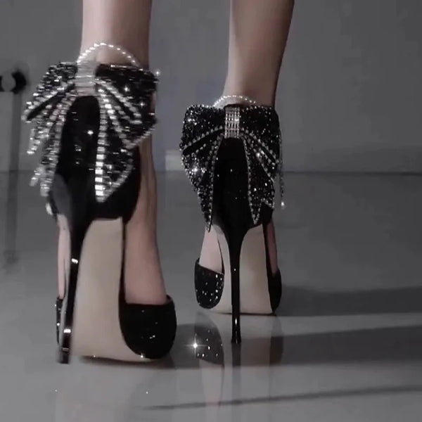 Elegant Sequined Pointed Toe High Heels with Bow and Pearl Detail for Women
